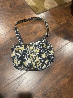 Vera Bradley Black Quilted Shoulder Bag with Yellow Floral Accents